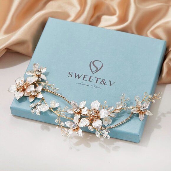 Gold Bridal Headpiece Pearl Crystal Flower Hair Vine for Weddings and Formal Eve main image 7